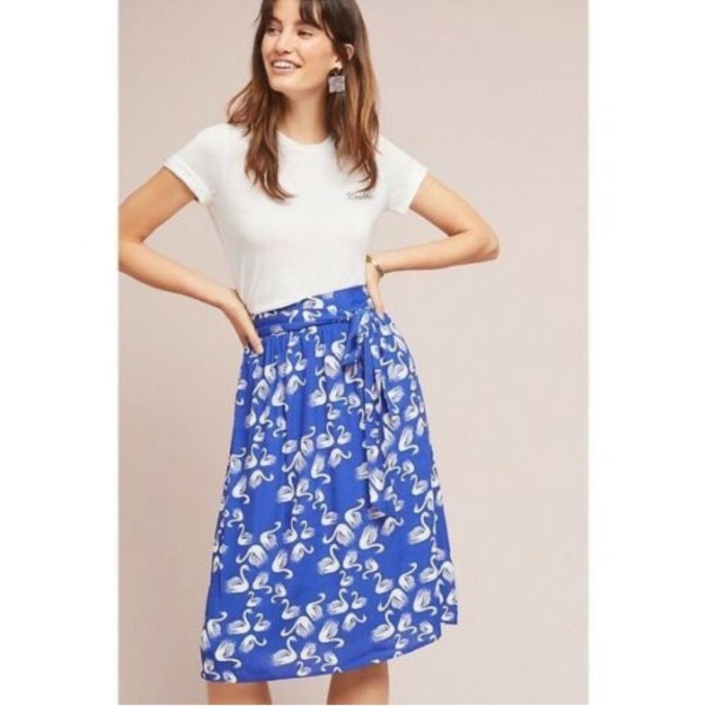 Anthropologie Porridge Blue Getaway Swan Belted A-Line Midi Skirt Size Small - Picture 7 of 7